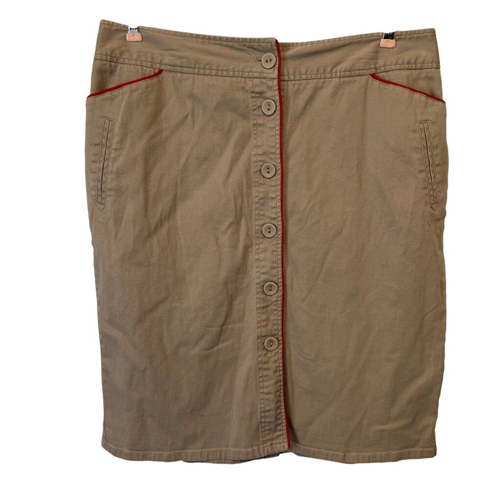 Khaki Button-Front Skirt With Red Trim By D.F.A. New York Size 14